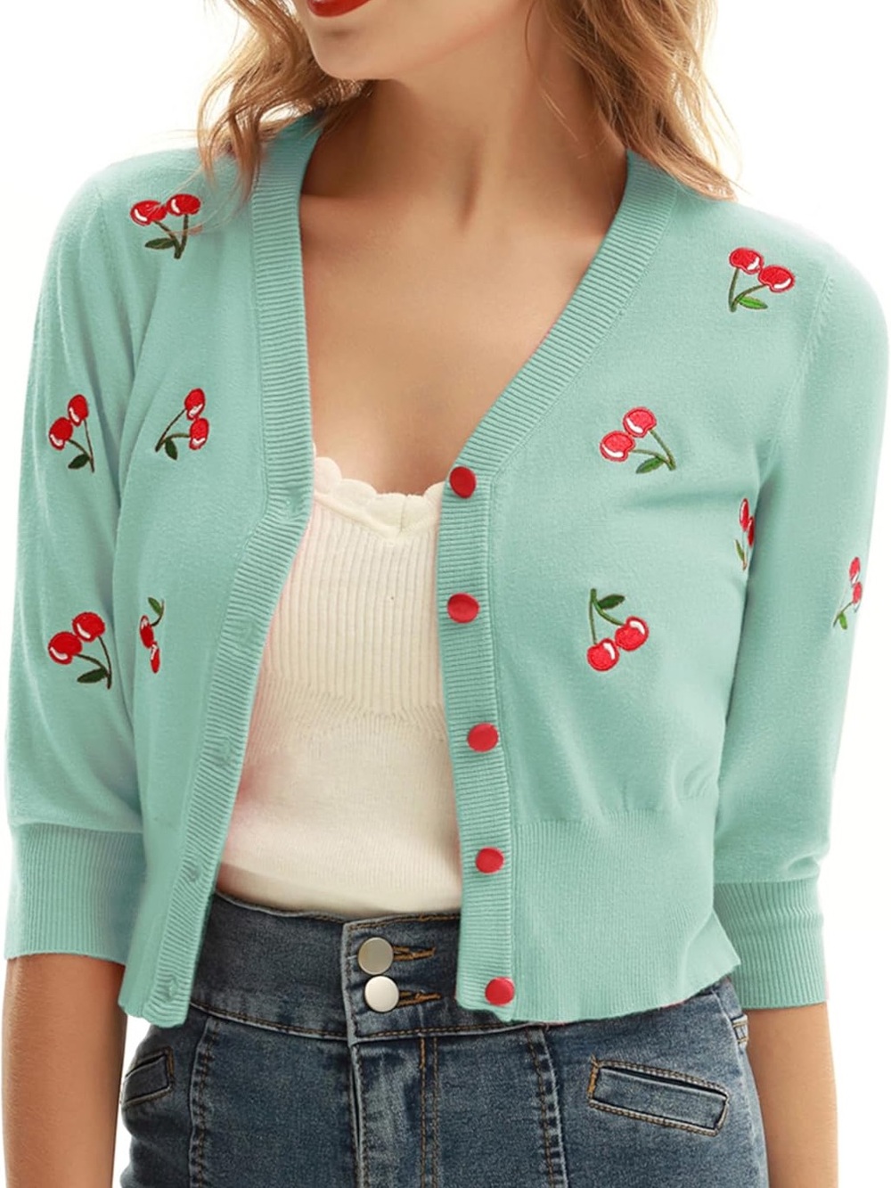 Belle Poque 3/4 Sleeve V-Neck Button Down Cherries Embroidery Cropped Cardigan